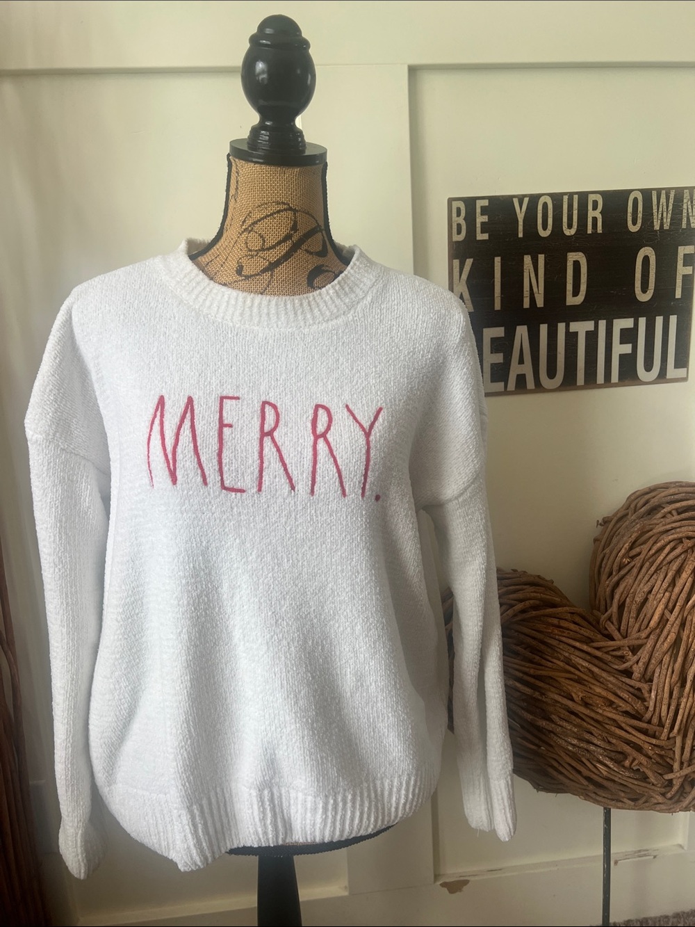 Rae Dunn White Crewneck Sweater with Pink 'MERRY' Lettering